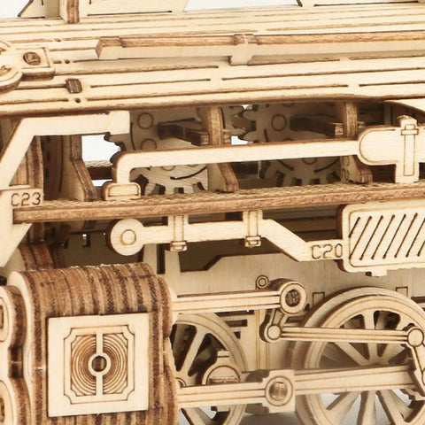 1:18 Scale Steam Train Model With Carriage 3D Wooden Puzzle For Adults DIY Mechanical Vehicle Kit close-up of wheels and gears