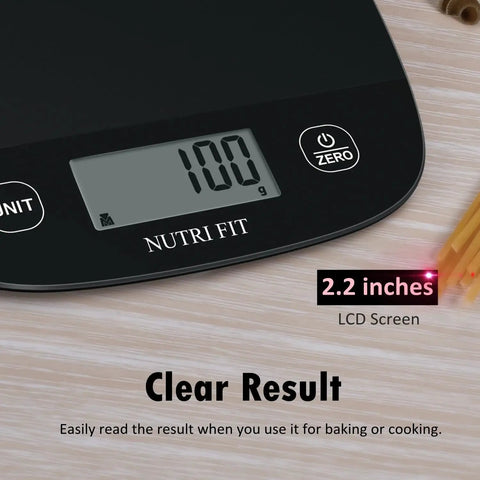 Close-up of Ultra Slim Digital Kitchen Scale with 2.2-inch LCD screen displaying weight, black, for precise food weighing.