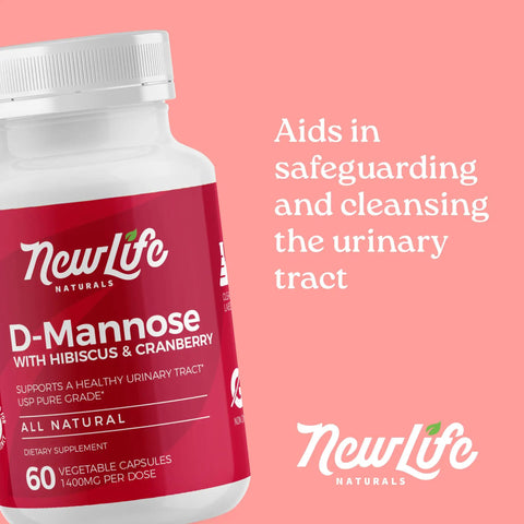 D Mannose With Cranberry And Hibiscus For Urinary Tract Health bottle label and NewLife Naturals branding