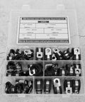 Rugged Stainless Steel Cable Clamp Kit With Rubber Sleeves 52 Piece Black Wire Management Set in storage box, various sizes labeled