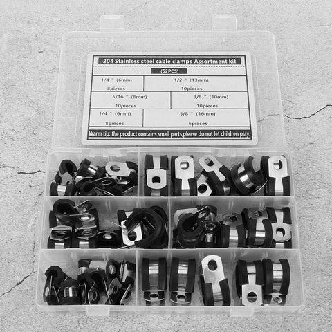 Rugged Stainless Steel Cable Clamp Kit With Rubber Sleeves 52 Piece Black Wire Management Set in storage box, various sizes labeled