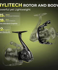 Sharky X Spinning Reel With Six Point Two To One Gear Ratio And Carbon Fiber Drag 33 Lb And Thirty Nine And A Half Pound Ten Plus One Stainless Steel Bearings Ultra Lightweight Nylitech Body For Freshwater And Saltwater Fishing with Nylitech rotor and body.