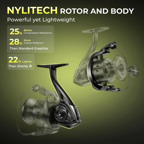 Sharky X Spinning Reel With Six Point Two To One Gear Ratio And Carbon Fiber Drag 33 Lb And Thirty Nine And A Half Pound Ten Plus One Stainless Steel Bearings Ultra Lightweight Nylitech Body For Freshwater And Saltwater Fishing with Nylitech rotor and body.