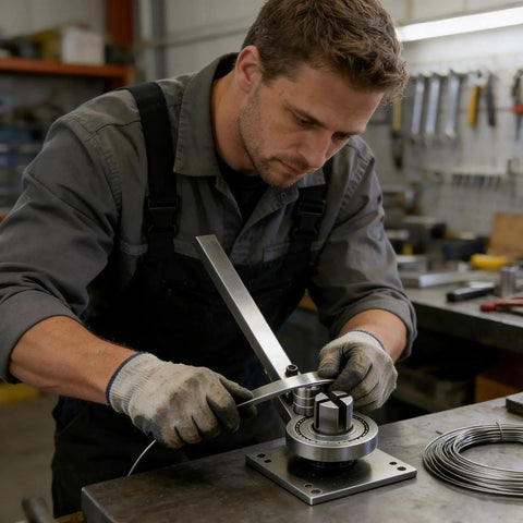 Manual Metal Bending Tool For Steel And Copper Pipes And Hoses in use by worker for industrial project in workshop setting
