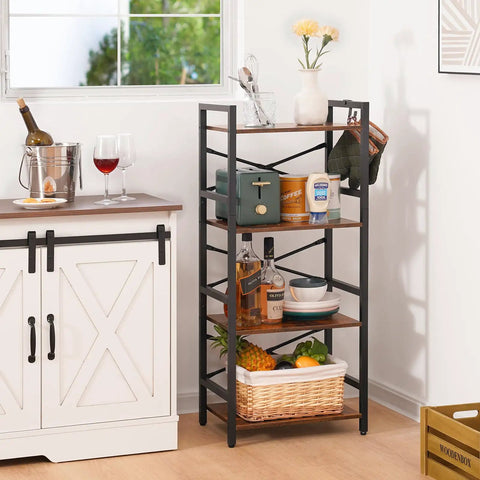 Compact 4 Tier Bookshelf Featuring Heavy Duty Metal Frame And Smooth Wood Shelves, organized with food and decor in modern kitchen.
