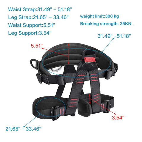 Outdoor Tree Climbing Safety Belt Harness Heavy Duty Nylon Webbing With High Tensile Stitching 300 Kg Capacity CE Certified EN353 EN358 EN361 EN362 Large Size shown with dimensions