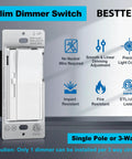 3 Pack Quiet Slide Dimmer Light Switches, Ultra Slim Rocker, No Fuss Install, Single Pole Or Three Way Dimmable, 300W LED And CFL, 600W Incandescent, ETL Listed, White, front view