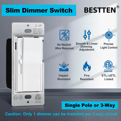 3 Pack Quiet Slide Dimmer Light Switches, Ultra Slim Rocker, No Fuss Install, Single Pole Or Three Way Dimmable, 300W LED And CFL, 600W Incandescent, ETL Listed, White, front view