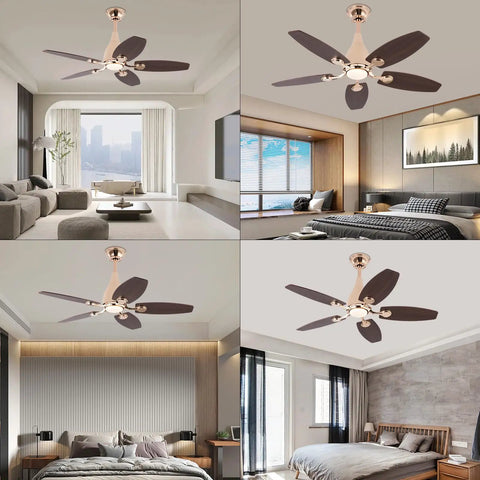 Ceiling Fan with Light 45W Wireless Remote 5 Blades Iron Indoor Mount in modern living and bedroom settings.