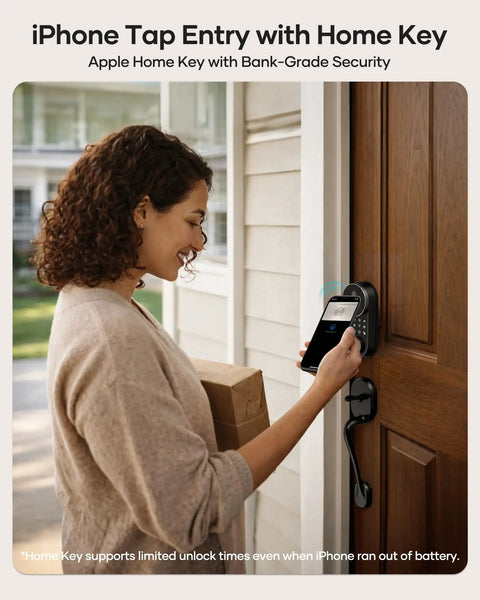 Seamless Front Door Smart Lock With Fingerprint Entry And Apple Home Key Compatibility. Enjoy No Sweat Wifi App Control For iPhone And Android Users. Rock Solid Home Security That Slips Right Over Your Existing Deadbolt Setup.