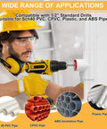 Person using 9 Piece PVC Pipe Reamer Kit With Aluminum Head And 2 Blades on SCH40 PVC fitting with drill