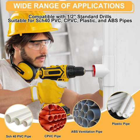 Person using 9 Piece PVC Pipe Reamer Kit With Aluminum Head And 2 Blades on SCH40 PVC fitting with drill