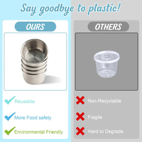 Comparison image: Leakproof 1.6 Ounce Stainless Steel Salad Dressing Containers With Lids On The Go, eco-friendly, versus plastic.