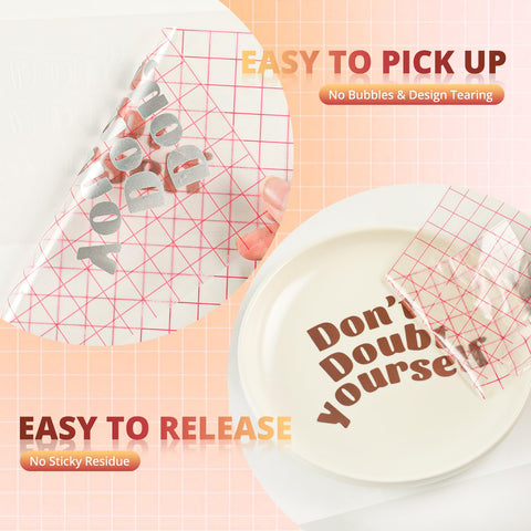 Clear Vinyl Transfer Tape Roll With Alignment Grid 12 Inch By 50 Feet For Silhouette Cameo shown on plate with design.