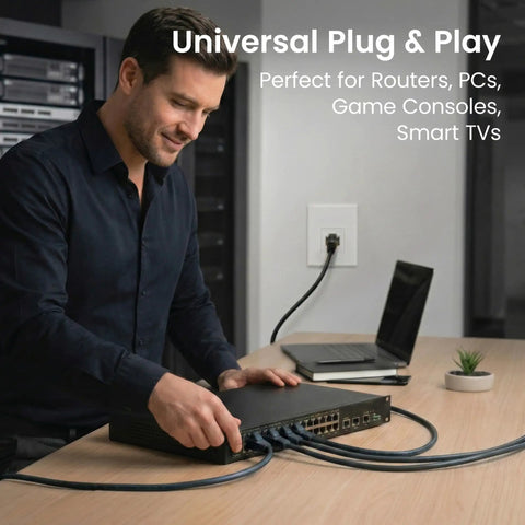 Man using Cat 6 Ethernet Cable Pack 10 Foot 10 Pack Patch Cables with Snagless Gold-Plated RJ45 Connectors