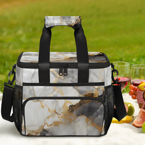 Insulated Picnic Backpack Lunch Bag for Women and Men, large portable cooler tote, marble pattern, outdoors with food