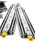 Heavy Duty Drawer Slides With Lock And Full Extension Ball Bearing Rails Side Mount 500 Lb Capacity, shown with yellow lock mechanism
