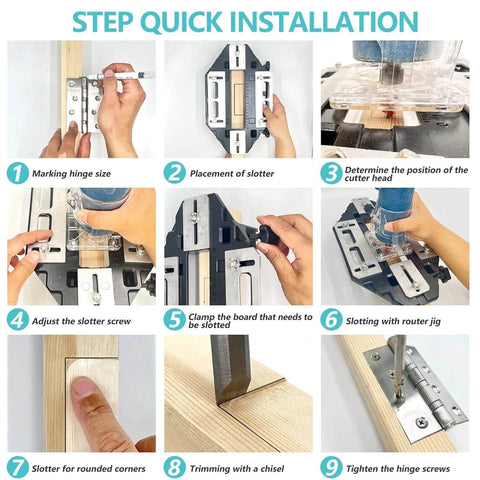 Steps showing the Pro Grade Door Hinge Adjustment Tool Kit With Template Jig And Concealed Hinge Locator in use on wooden doors.