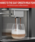 Hassle Free Fully Automatic Espresso Maker With Integrated Grinder And Fast Foam Milk Frother brewing coffee with silky milk foam.