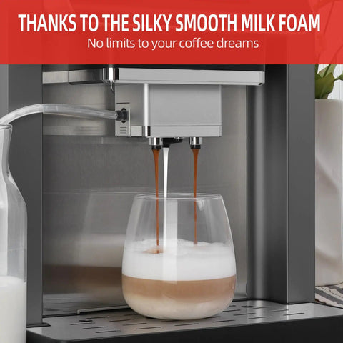 Hassle Free Fully Automatic Espresso Maker With Integrated Grinder And Fast Foam Milk Frother brewing coffee with silky milk foam.