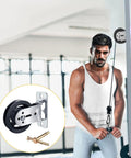 Wall Mounted Cable Pulley System With 180 Degree Rotation in use at a home gym, includes close-up of pulley and installation kit.