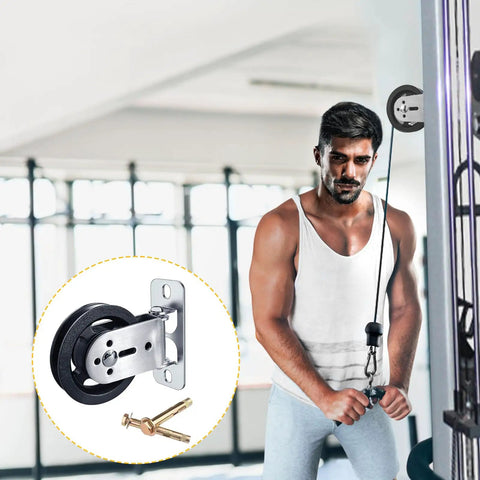Wall Mounted Cable Pulley System With 180 Degree Rotation in use at a home gym, includes close-up of pulley and installation kit.