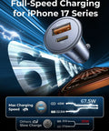 Mini Metal Car Charger With 67.5W USB C Fast Charging PD QC For 12V Lighter Outlet, Zinc Alloy Build, speed display