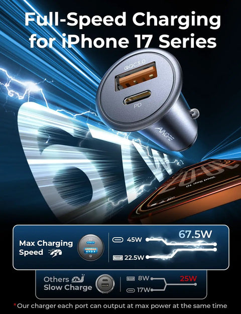 Mini Metal Car Charger With 67.5W USB C Fast Charging PD QC For 12V Lighter Outlet, Zinc Alloy Build, speed display