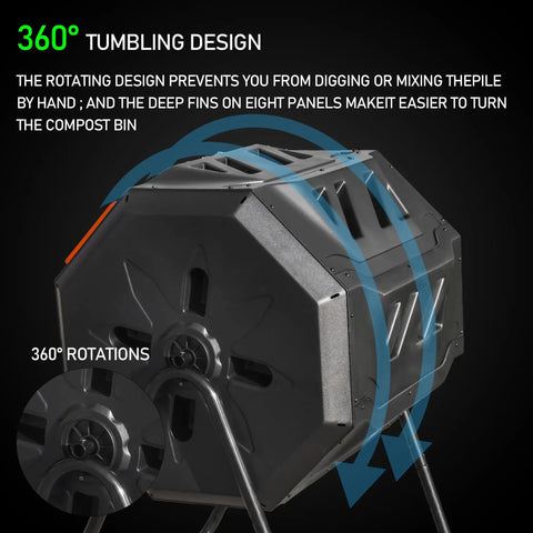 43 Gallon Dual Chamber Tumbling Compost Bin With Sliding Doors demonstrating 360-degree rotation