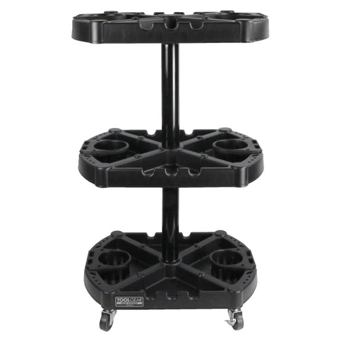 Front view of Base Station Modular 3 Tray Rolling Tool Organizer Cart in black for cars, trucks, and motorcycles.
