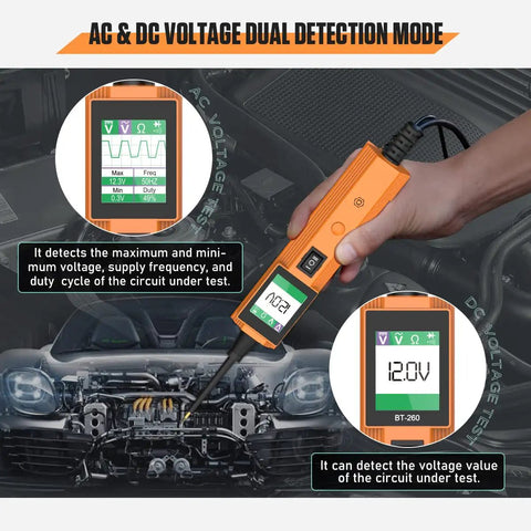 Power Circuit Probe Tester Kit For Automotive Electrical Systems With 0 To 65 Volts Test Light, displaying AC DC voltage