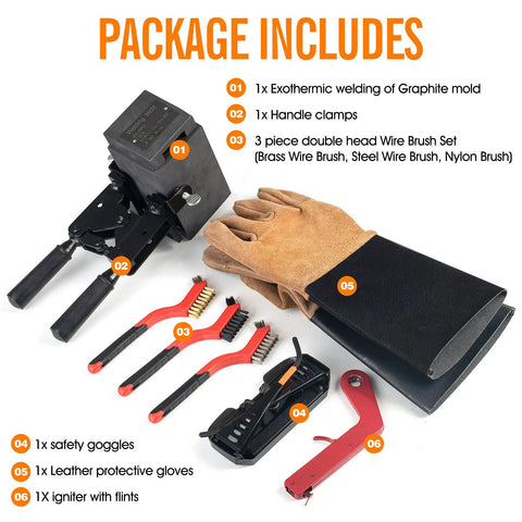 Exothermic Welding Mold Kit For 4/0 AWG Cable To 3/4 Inch Ground Rod, including graphite mold, clamps, brushes, gloves, goggles.