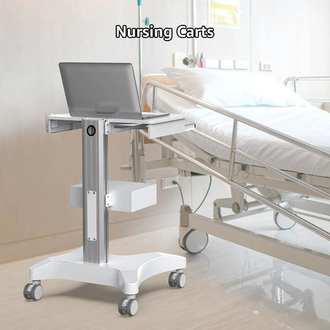 Mobile Medical Trolley Cart With Laptop Tray And Oral Scanner Holder, 360 Degree Locking Wheels, Drawer, In Hospital Room