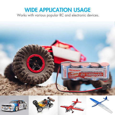 Two Pack 6V NiMH RC Receiver Battery Pack With Hitec Connector 1600mAh next to RC car on rocky terrain with RC planes in background