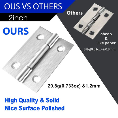 Comparison of 2 inch stainless steel door hinges, highlighting heavy duty 1.2mm thickness and polished surface.