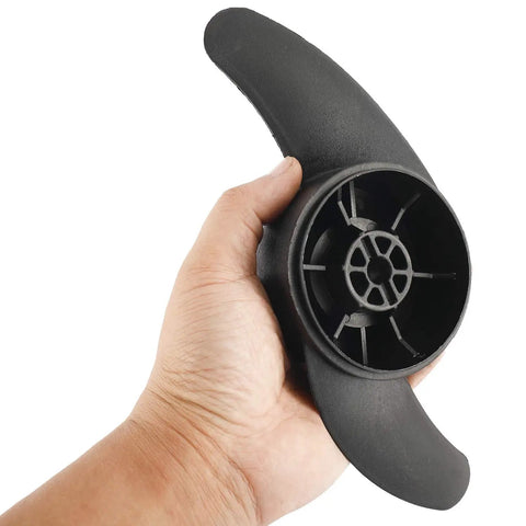 Man holding Two Blade Nylon Propeller For Electric Trolling Motor with prop pin and nut black finish 2.9 hub 3.2 outer diameter