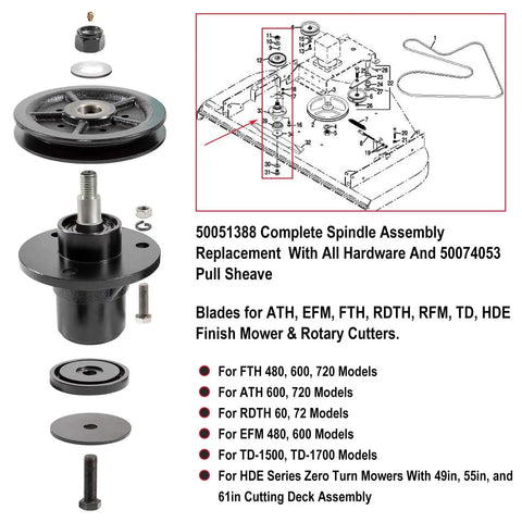 Top Shelf Heavy Duty Spindle Assembly Pull Sheave Kit Part 50051388 fits Bush Hog Rdth Ath Efm Td Series with all hardware components.