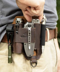 Leather EDC Multitool Sheath Belt Organizer for Daily Carry and Work Use holding tools, flashlights, pens, dark brown