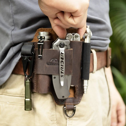 Leather EDC Multitool Sheath Belt Organizer for Daily Carry and Work Use holding tools, flashlights, pens, dark brown