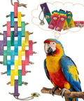 Hella Tough Parrot Chew Toy For Large Birds Natural Wood Blocks With Rope And Locking Carabiner hanging in colorful design.