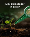 Green handheld seed spreader kit dispensing seeds onto soil for small seeds planting, depicting easy one-handed seed planter use.