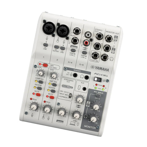 White 6 Channel Live Streaming Mixer With USB Audio Interface Loopback DSP Effects Dual Phantom Mic Preamps controls view