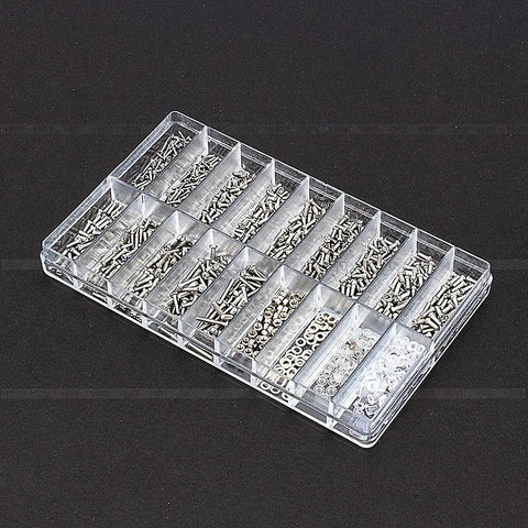 Badass Slick Stainless Steel Micro Screws And Nuts Kit For Eyeglasses Smartwatches Phones Tablets Laptop Repair assorted fasteners in clear organizer.