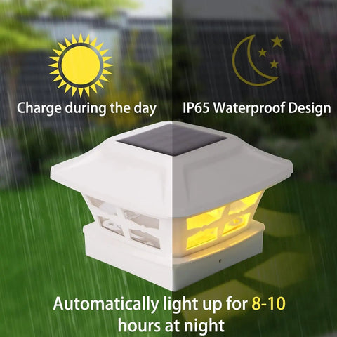 Solar Post Lights For 4x4 Posts Waterproof Deck And Fence Post Cap Lights Solar Powered Dual Warm White And Cool White Modes Easy Install 4 Pack For Wood PVC Or Vinyl Posts, shown in rainy outdoor setting, highlighting waterproof design and night illumination.