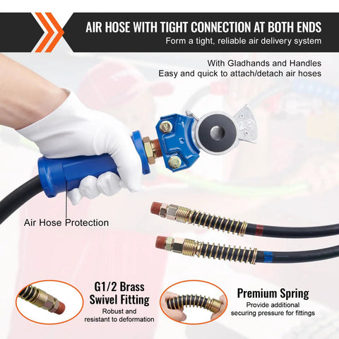15 Foot Semi Truck Air Lines Kit with Glad Hands showing blue handle, brass swivel fittings, and premium spring