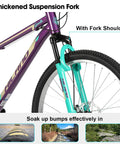 Close-up of the 26 Inch Mountain Bike For Women With 18 Speed Gears Front Suspension Aluminum Frame Adult Ladies Bicycle Purple Fork