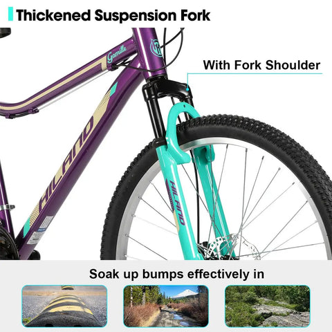 Close-up of the 26 Inch Mountain Bike For Women With 18 Speed Gears Front Suspension Aluminum Frame Adult Ladies Bicycle Purple Fork