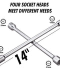 Heavy Duty Four Way Universal Cross Lug Wrench Tire Iron 14 Inch Long with four socket heads for various needs.