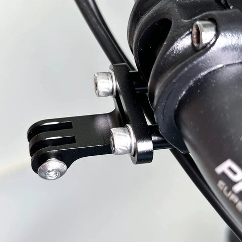 Close-up of All Metal Bike Handlebar Stem Mount for Action Cameras and Flashlights, heavy duty aluminum with M5x35mm bolts, CNC machined.