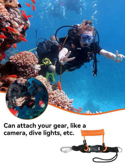 Diver underwater using Heavy Duty Scuba Diving Lanyard With Clip, Stainless Steel Spring Coiled Orange Lanyard, securing gear